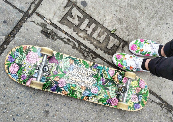 Magda's skateboard design for SHUT, Image via Instagram: @magda_love_