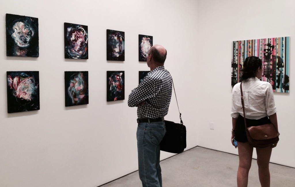 Jane LaFarge Hamill's dark twisty paintings on left, Kristen Schiele declares Disco Sucks on Right, Photo: Art Report