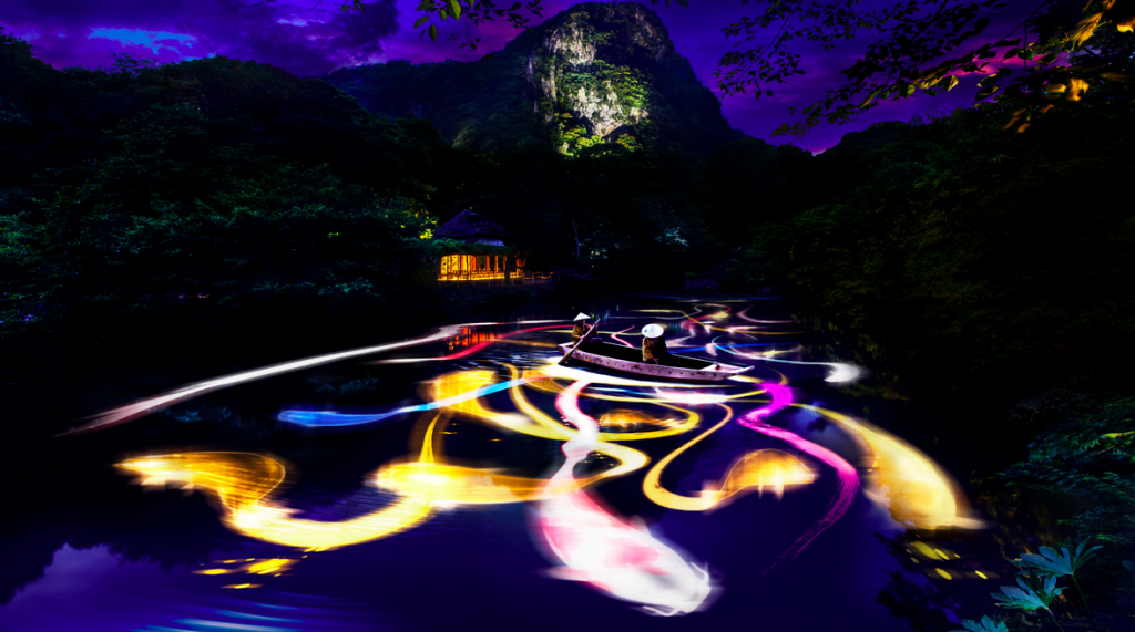 Drawing on the water surface created by the dance of koi and boats – Mifuneyama Rakuen Pond​　