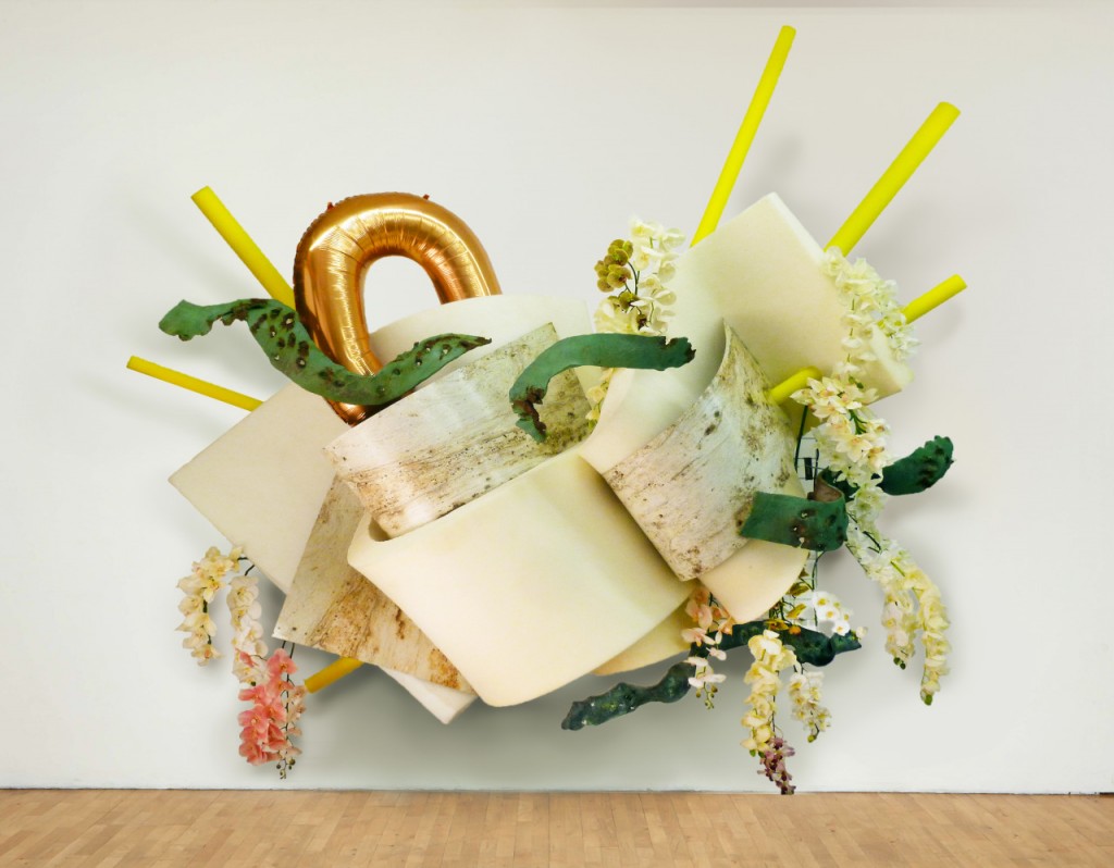 River Gold (2015), 11′ by 10′ by 3′, steel, foam, resin, plastic, faux orchids, resin-filled mylar