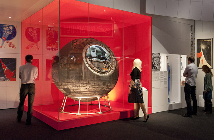 Visitors at London's Science Museum at the Cosmonaut exhibition looking at Vostok 6 
