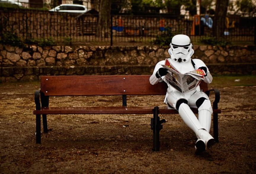 Stormtroopers reading on a park bench by Jorge Pérez Higuera