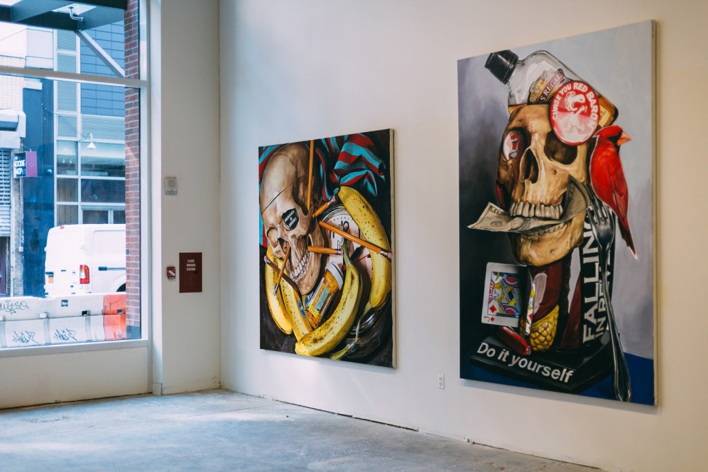 Painting titled Cardinal God Complex and Banana Pencil Skull by Victor Rodriguez at Ge Galeria