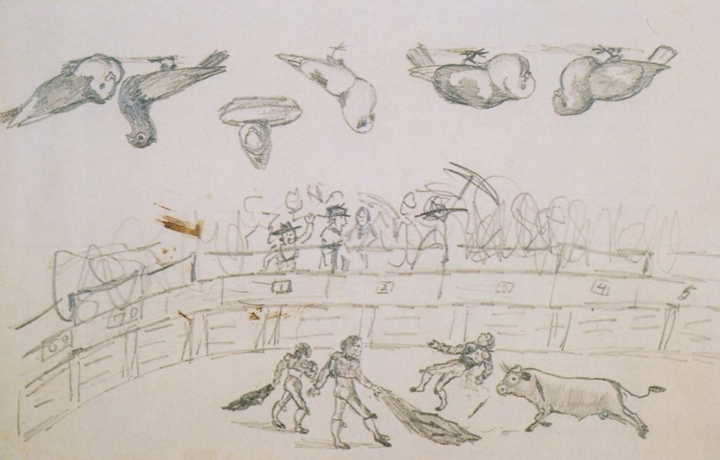 A drawing by 8 yearold Pablo Picasso, "Bullfight and Pigeons" (1890)